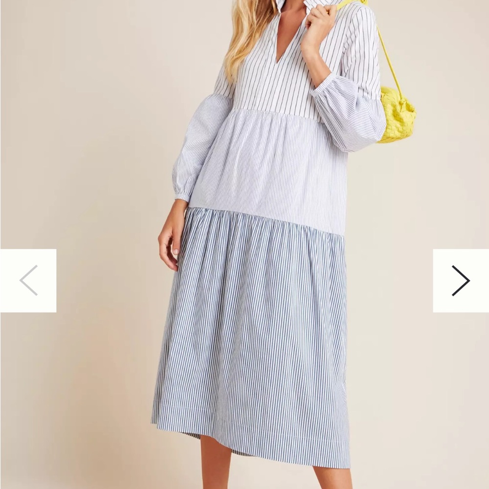 Maeve for Anthropologie Bonnie Striped Blue and White Tiered Midi Dress